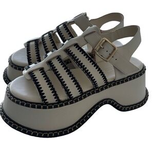 Farm Rio Platform Gladiator Sandals Cream Black Stitching Gold Buckle Leather 7